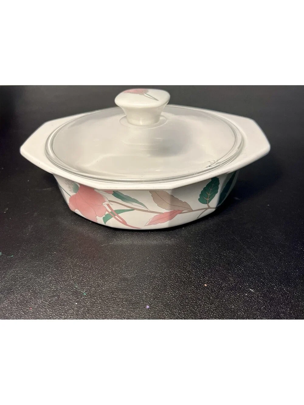Mikasa Japan 1980s Covered Casserole Fire & Ice AA009 Silk Flowers Pink, 8x4”